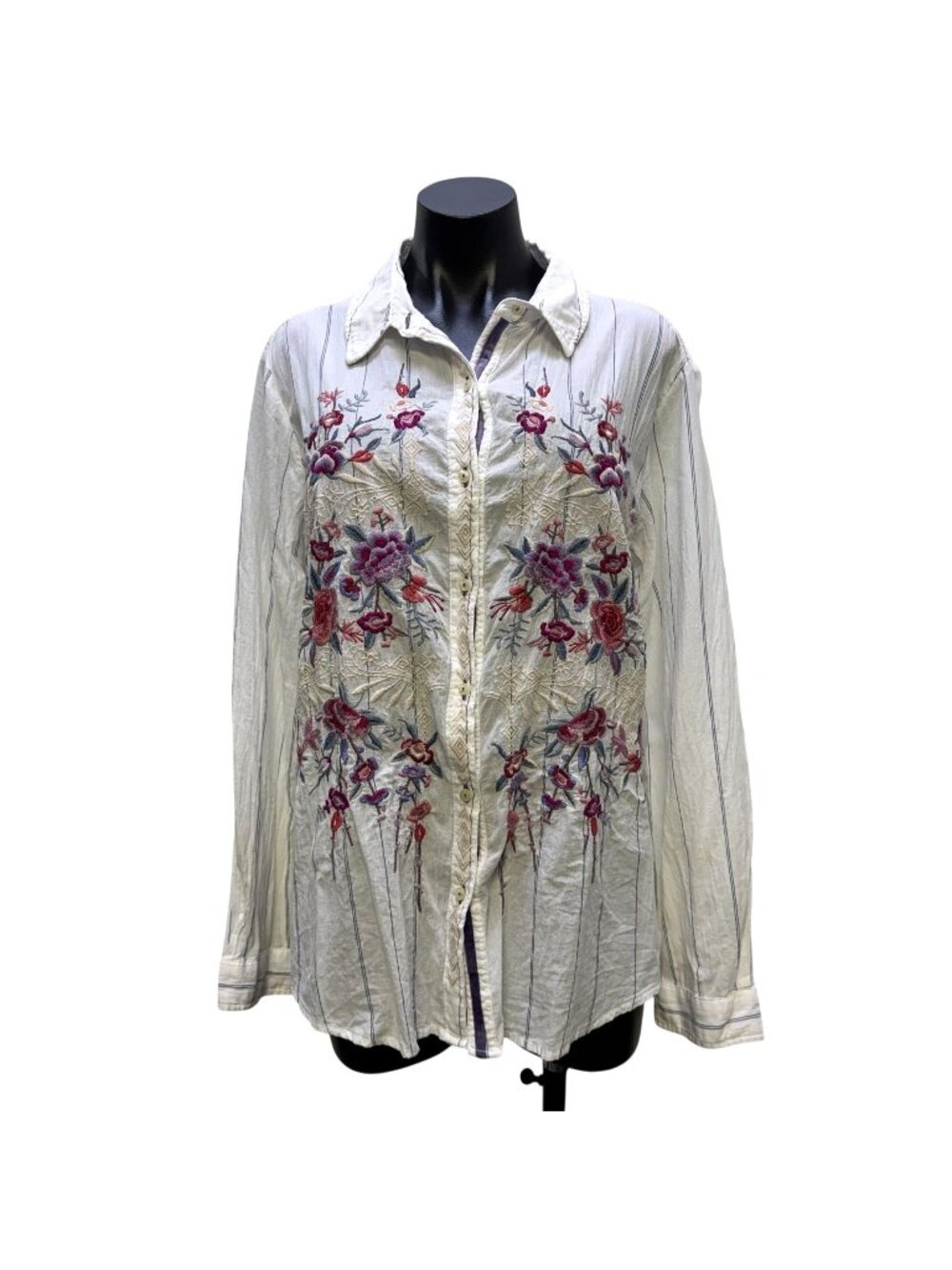 Johnny Was Embroidered White Long-Sleeve Button-Up Blouse L